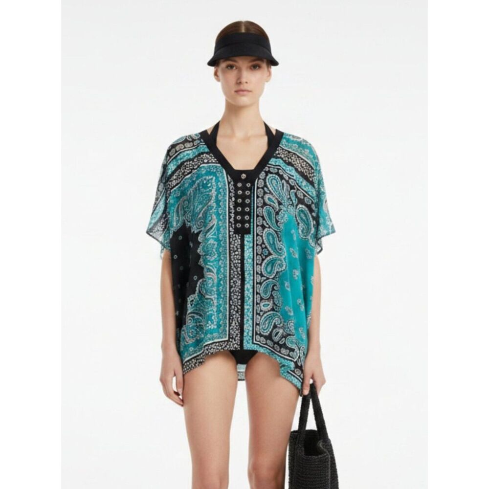 Michael Kors Blue & Black Paisley Print Short Sleeve Tunic Caftan Top S/M